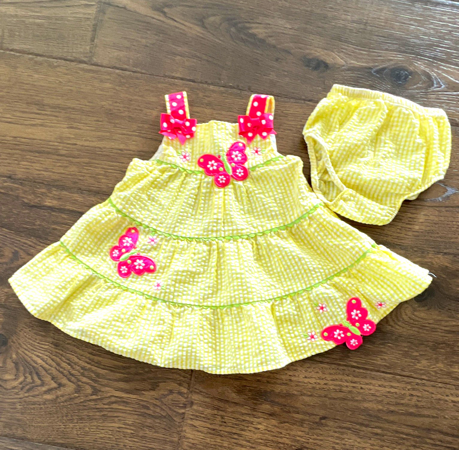 Emily Love Girls 12M 2pc Seersucker Check Dress & Bloomers Butterfly Sleeveless