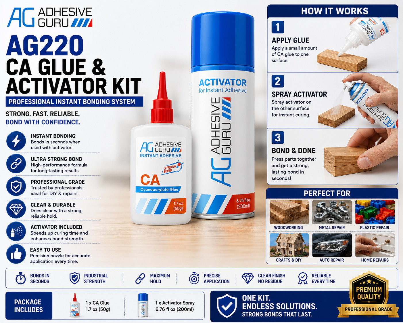 AG220 CA Glue with Activator Kit Super Strong Instant Adhesive Wood Metal