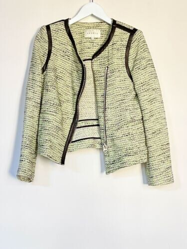 Sandro Green Tweed Jacket with Black Leather Trim – Size 36 (UK 8)