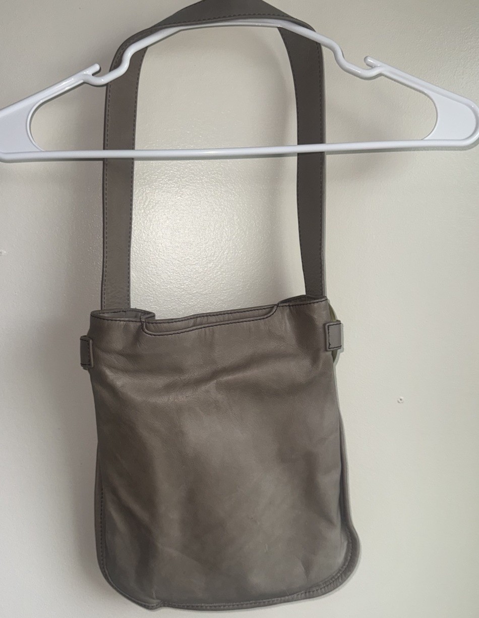 HOBO Genuine Leather Small Shoulder Bag Taupe Gray Brass Ring Slouchy Purse