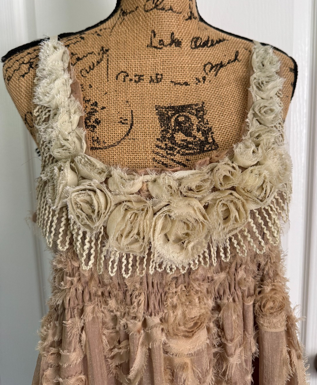 Pretty Angel Shift Dress Floral Boho Babydoll Smocked Lined Tattered Silk L