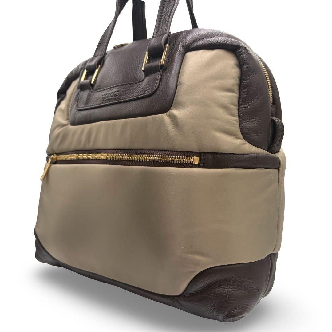 Y’Saccs Isaac Dome Handbag Brown Nylon Leather Logo Japan Excellent 069639