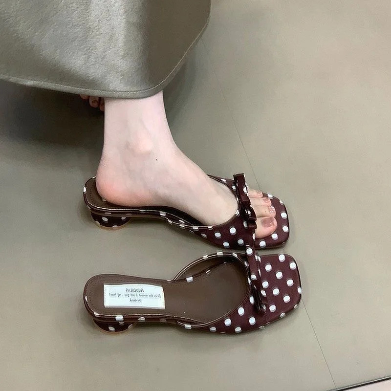 Gladiator Women Polka Dot Slippers Summer Thick Heel Mules Shoes Elegant Butter