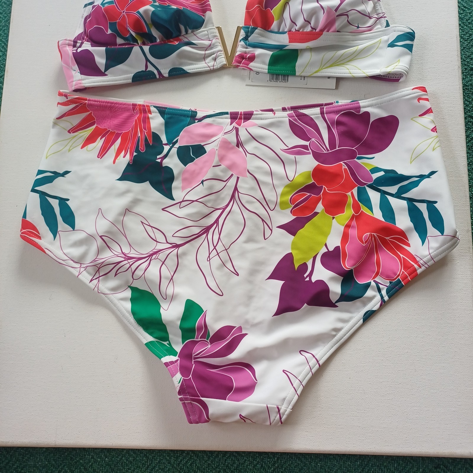 BNWT £34 Debenhams Floral Halter Bikini UK12 Top UK16 Full Brief Bottom Wireless