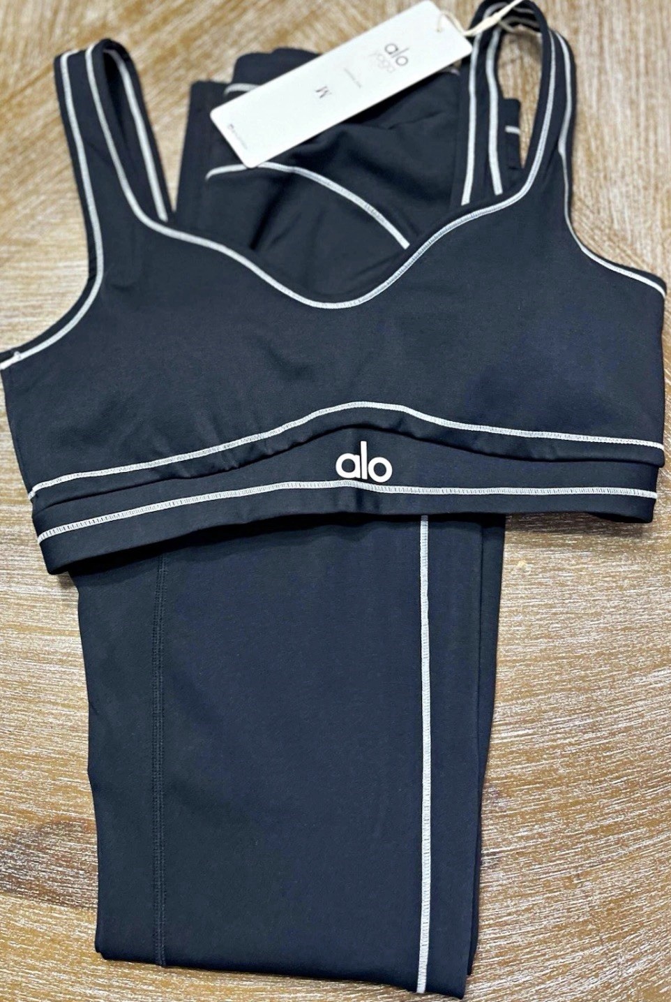 ALO 2pc Extra Large Black/White Trim Sports Bra & Leggings Set Stretch Yoga New
