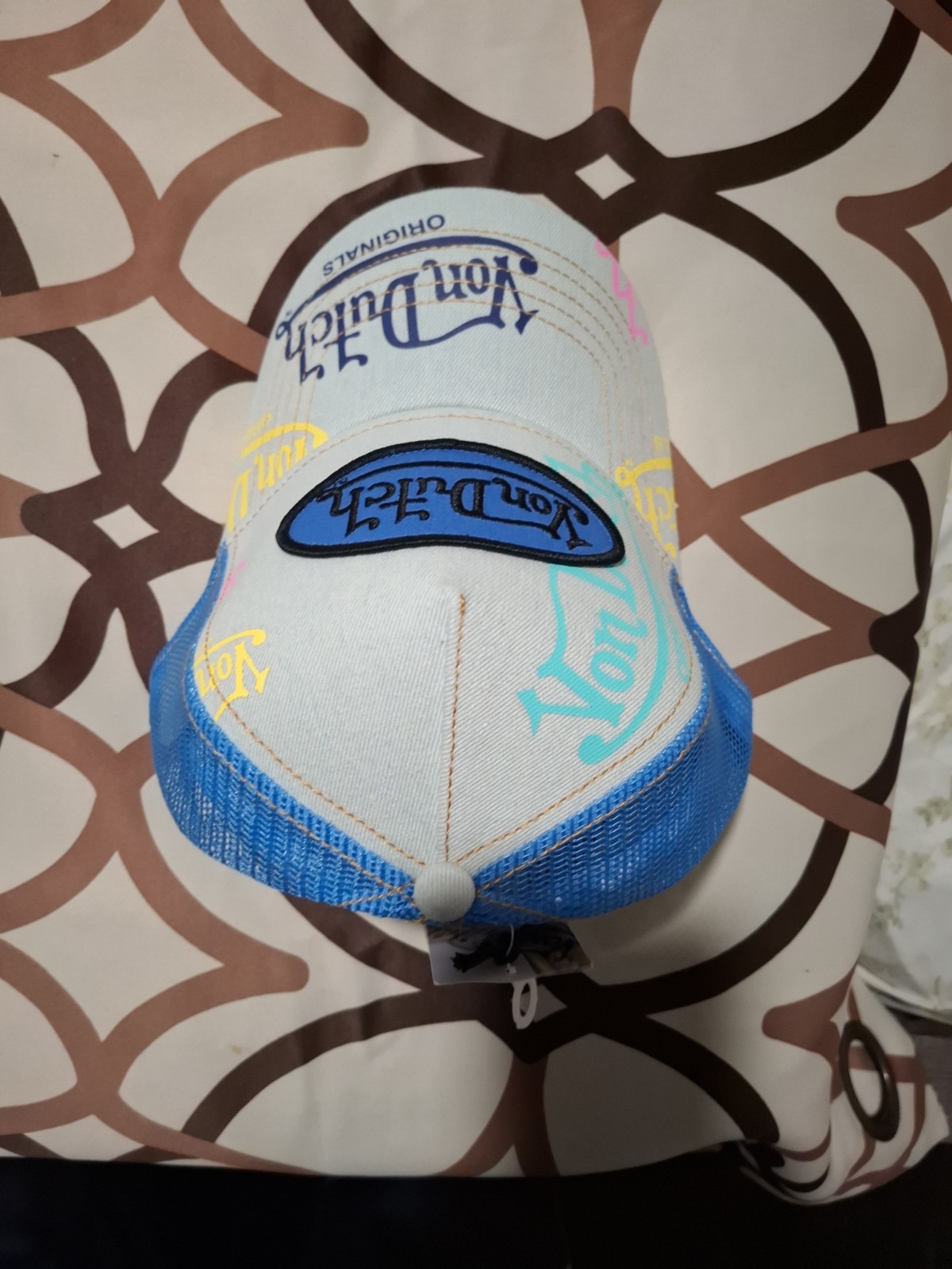 VON DUTCH BLUE & BEIGE TRUCKER HAT MESH BACK ADJUSTABLE LOGO ONE SIZE