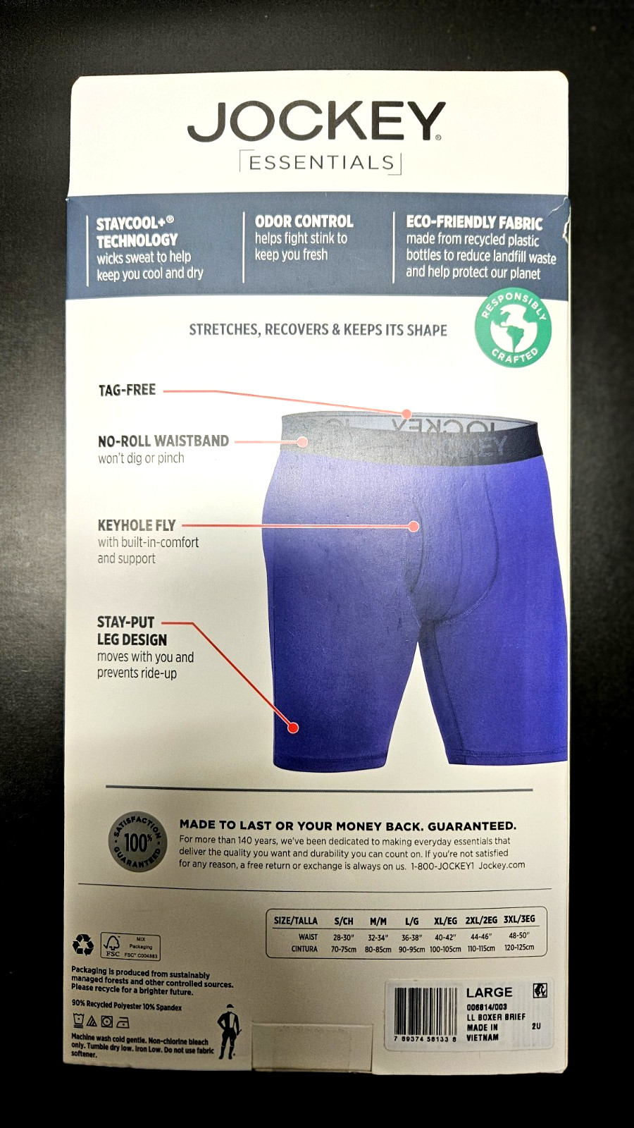 Jockey Essentials Men’s Long Boxer Briefs 3 Pack L Blue Black Grey Active Cool