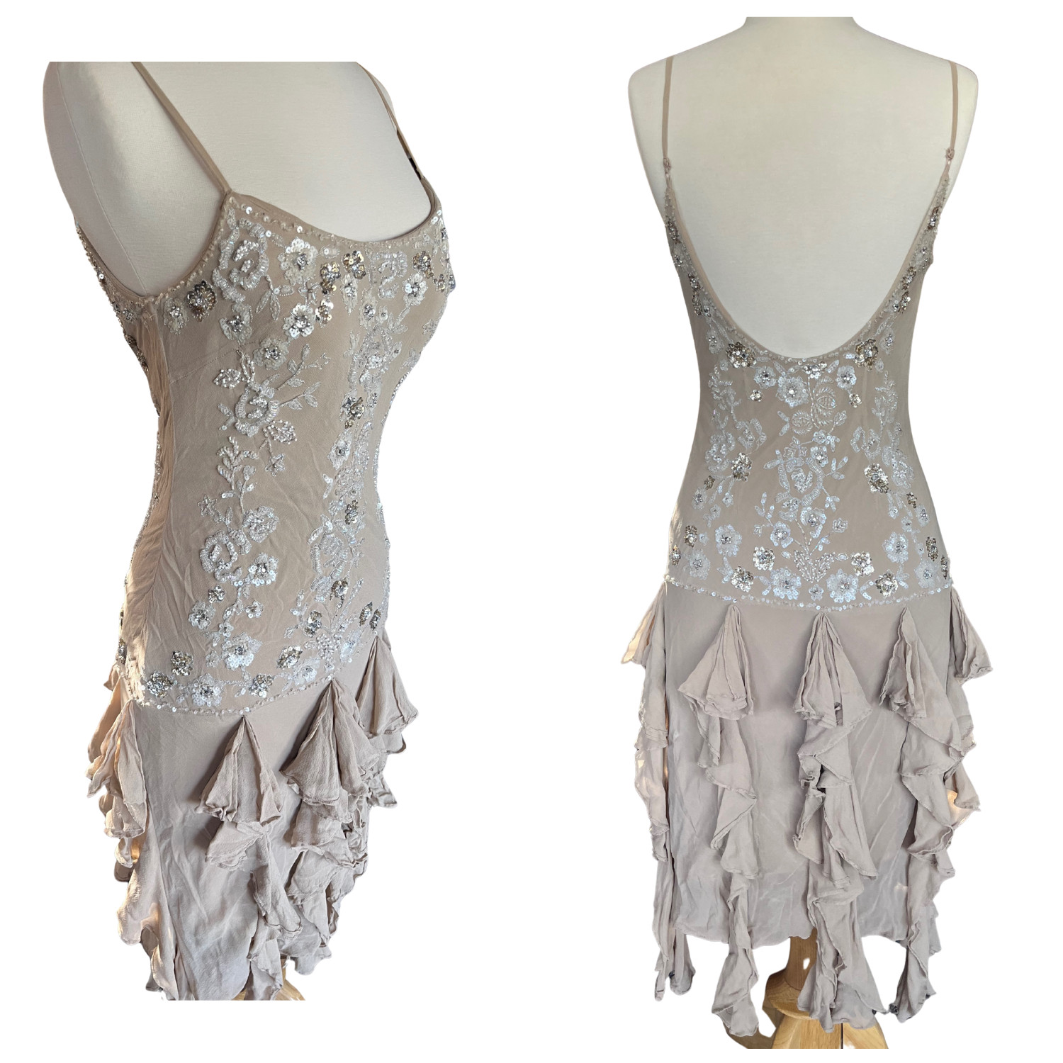 Vintage Sue Wong Dress Ethereal Nude; Beads Sequins Backless Gatsby Fairy Sz 2