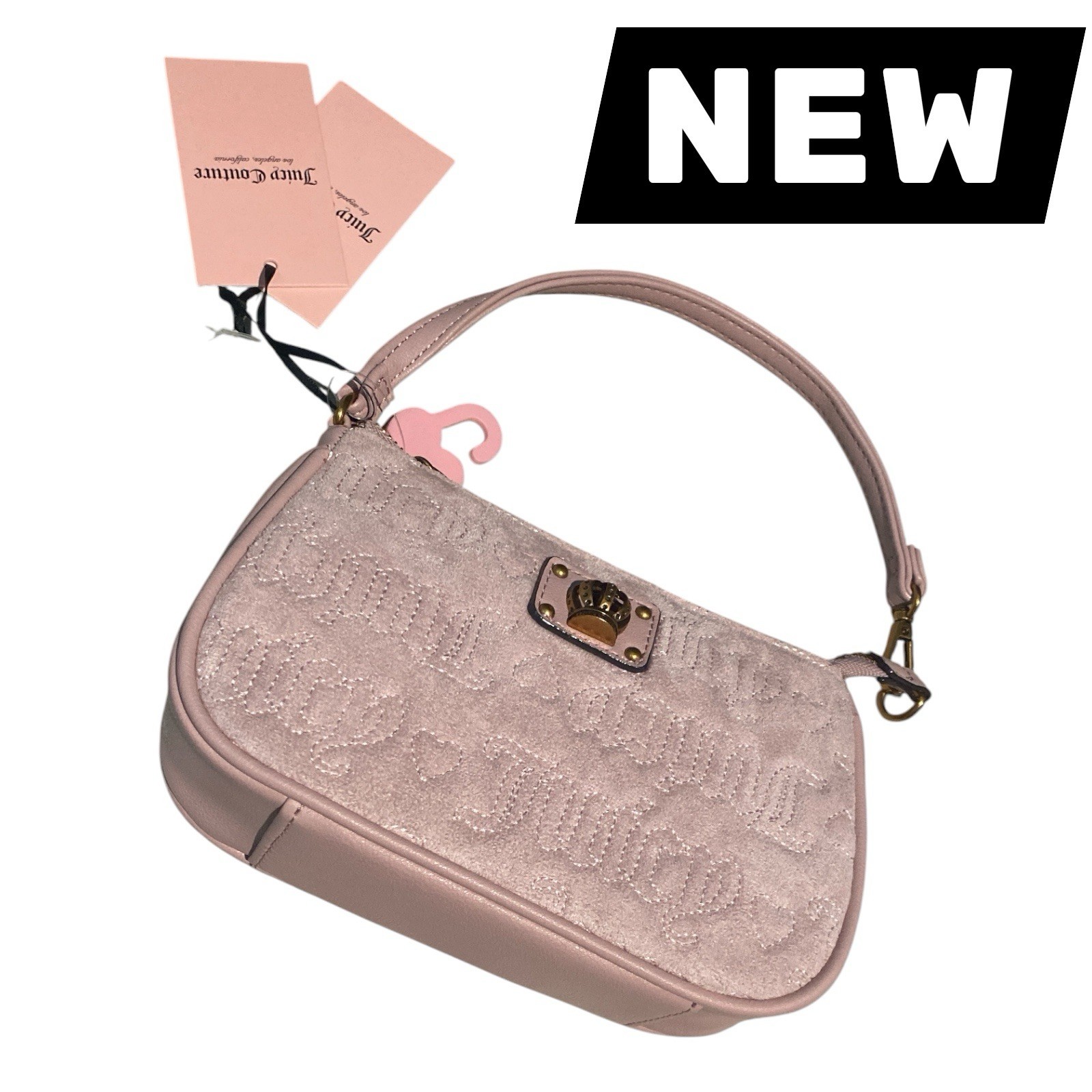 Juicy Couture Pink Logo Shoulder Bag w/ Heart Charm, Gold Hardware, Zip