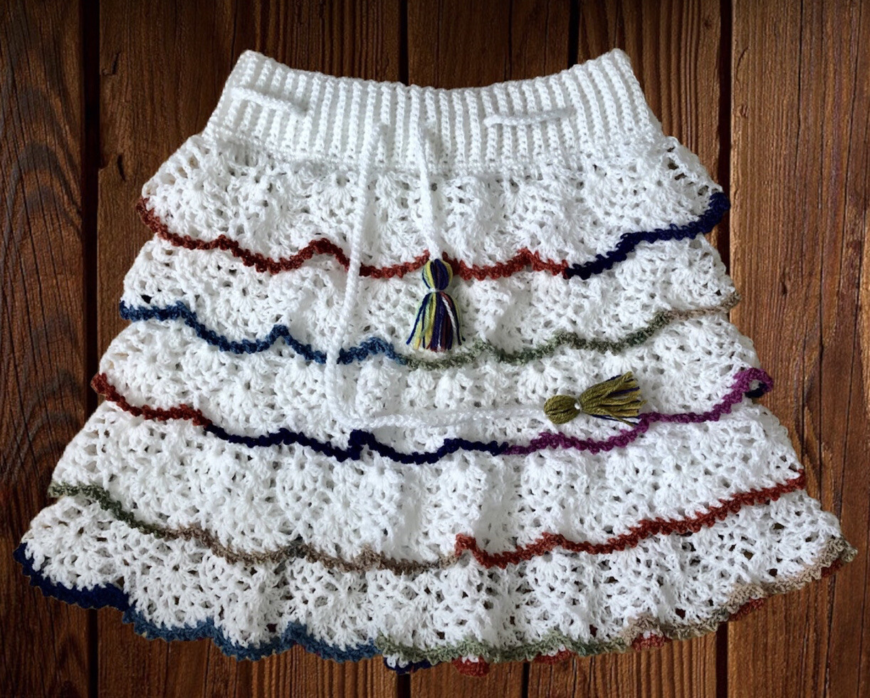 Handmade Crochet Ruffle Mini Skirt White Multicolour Boho Festival UK Size S