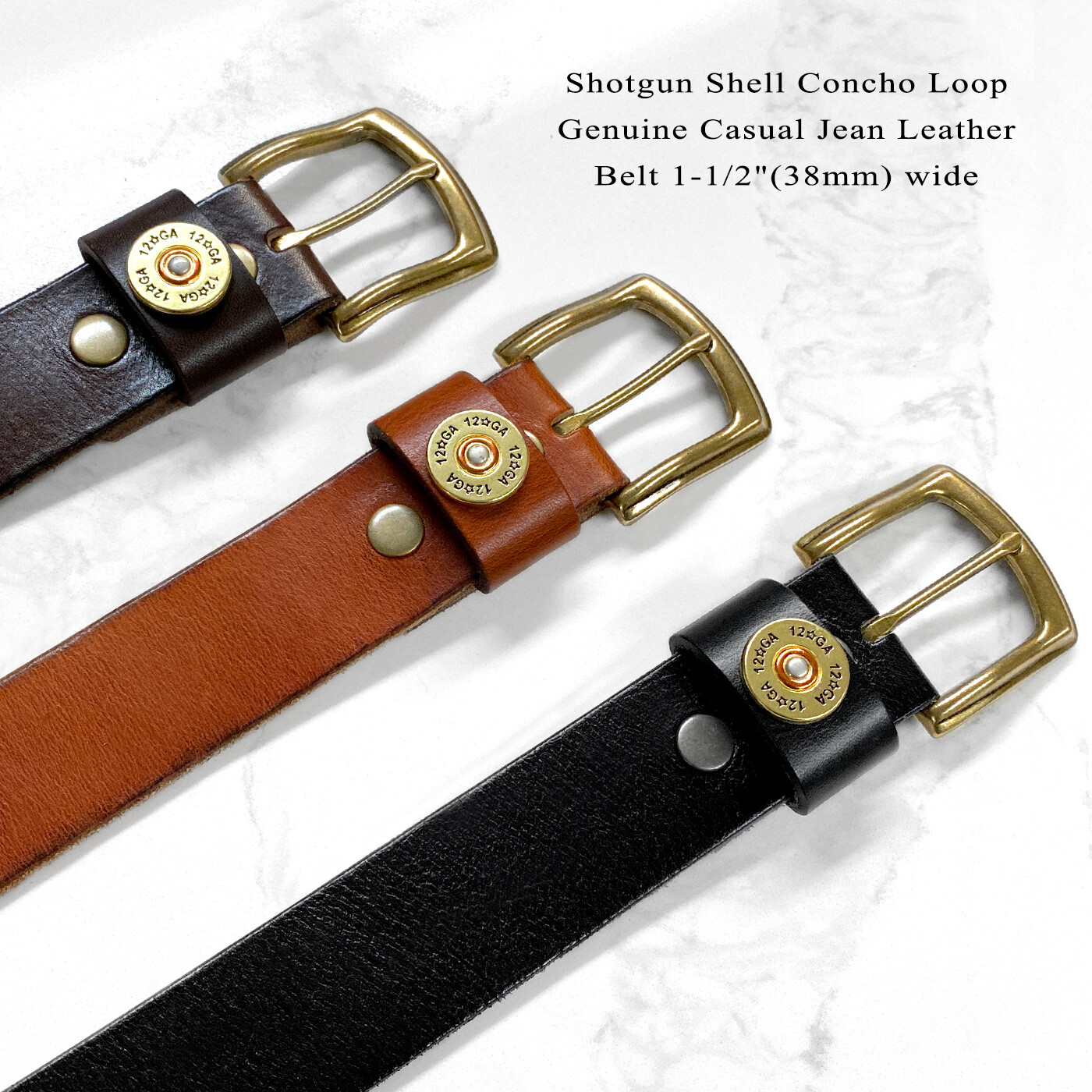 Shotgun Shell Concho Loop Genuine Casual Jean Leather Belt 1-1/2″(38mm) wide