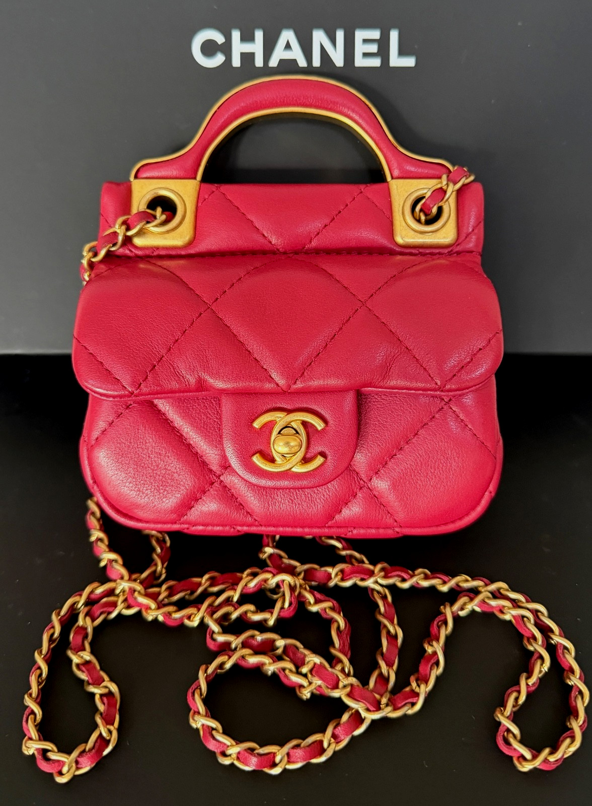 CHANEL FLAP CARD HOLDER WITH CHAIN PINK QUILTED CALFSKIN GOLD HARDWARE, 2021