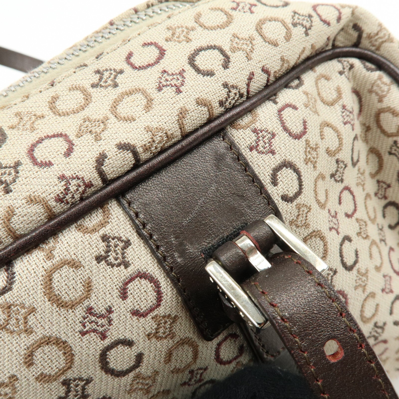 CELINE C Macadam Canvas Leather Hand Bag Boston Bag Beige Brown Auth Used F/S
