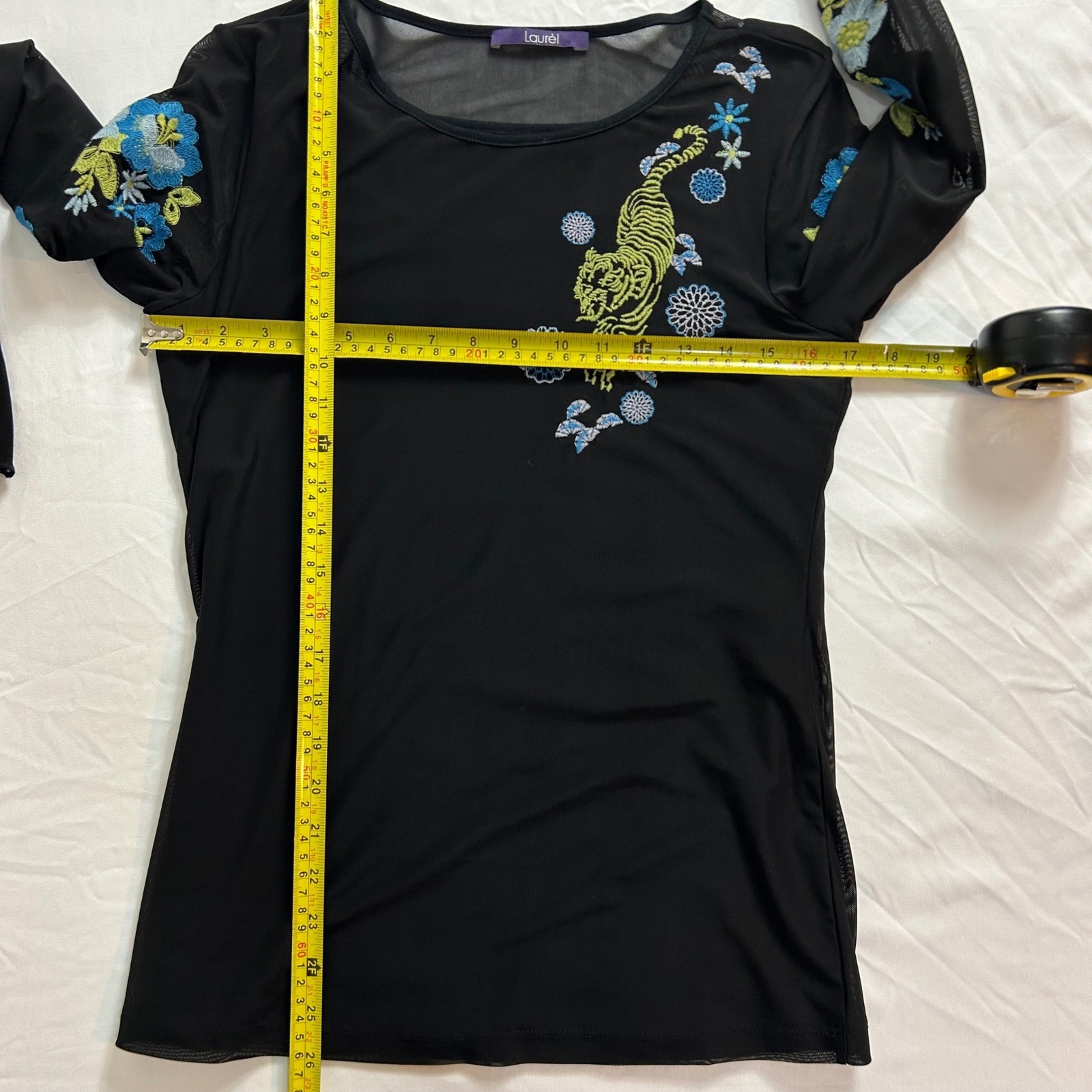 Laurel Mesh Top Tiger Floral Embroidered Long Sleeve Blouse Black Size 6