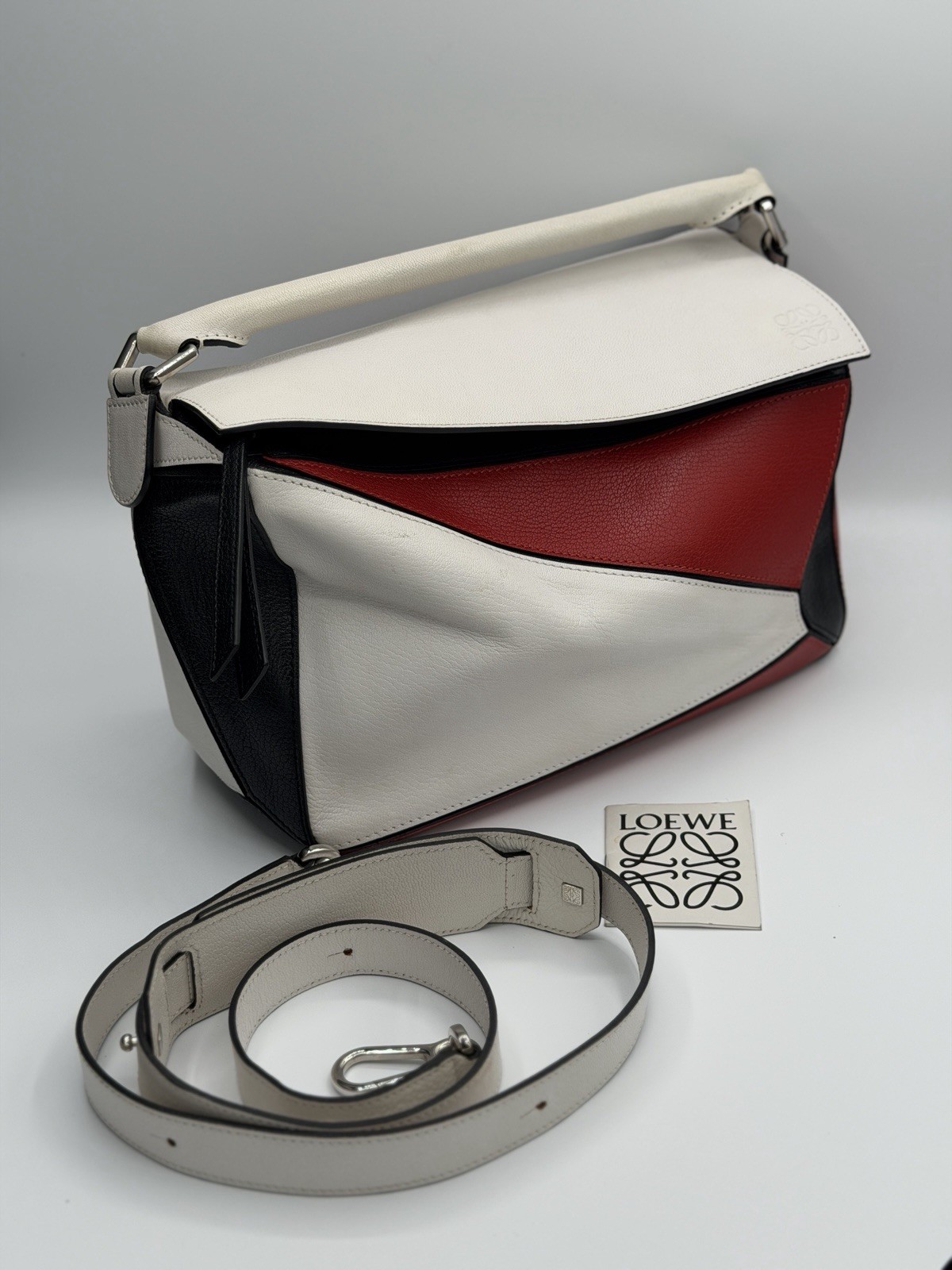 Authentic Loewe Puzzle Bag Small Leather White Red Black Crossbody Shoulder Bag