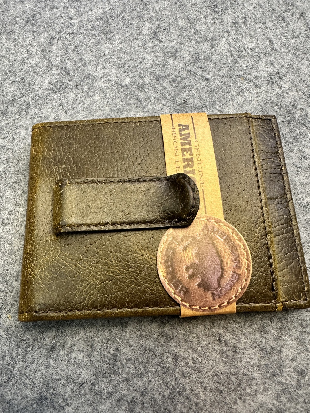 American Bison Leather Men’s Bifold Wallet Money Clip ID Brown