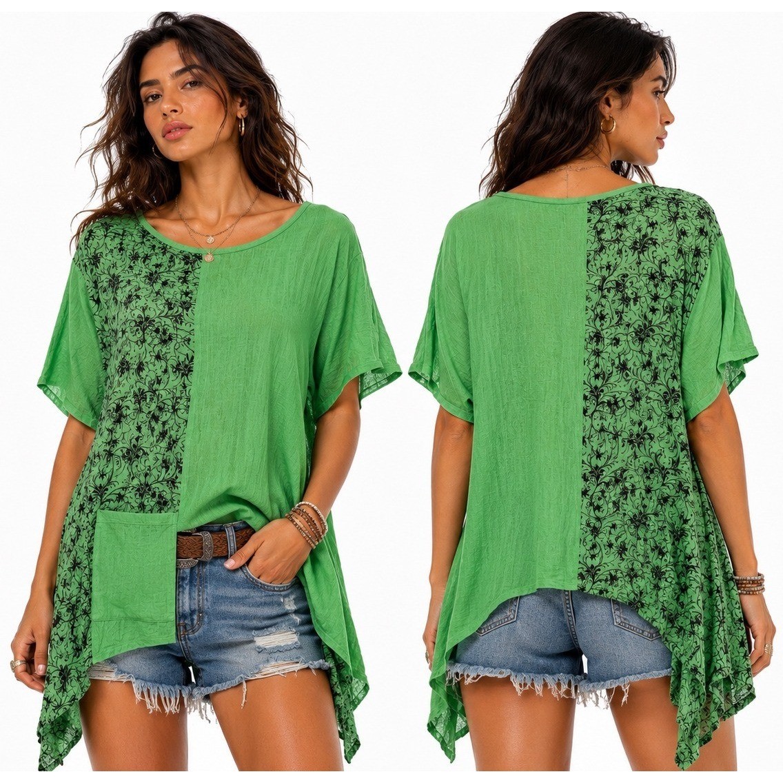 India Boutique Tunic Top Womens One Size Green New Scroll Print Sharkbite Hem