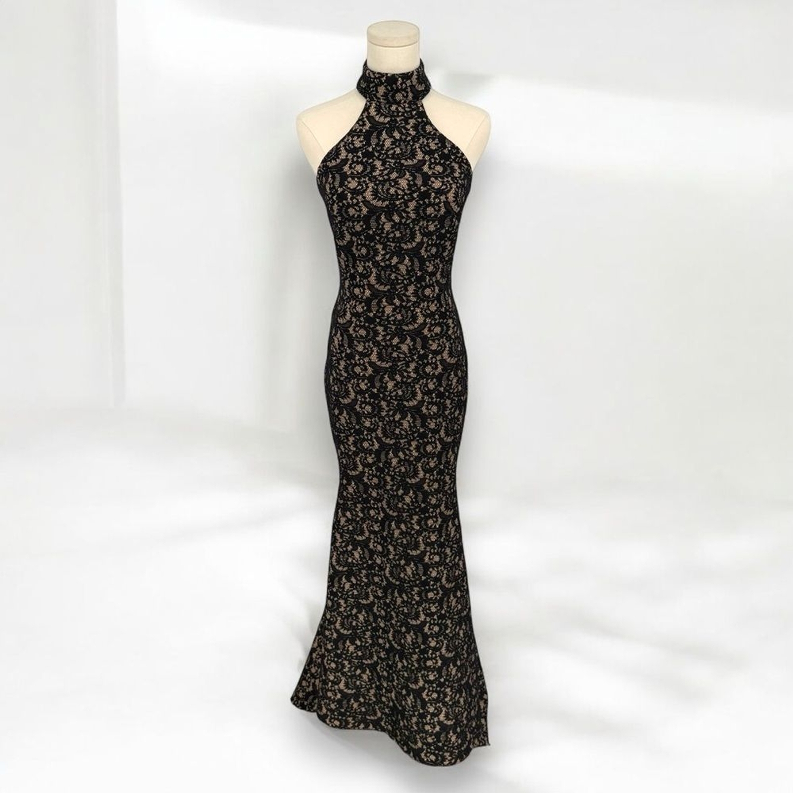 Marciano Black Nude Lace Halter Bodycon Mermaid Maxi Dress Gown, Neoprene, Size
