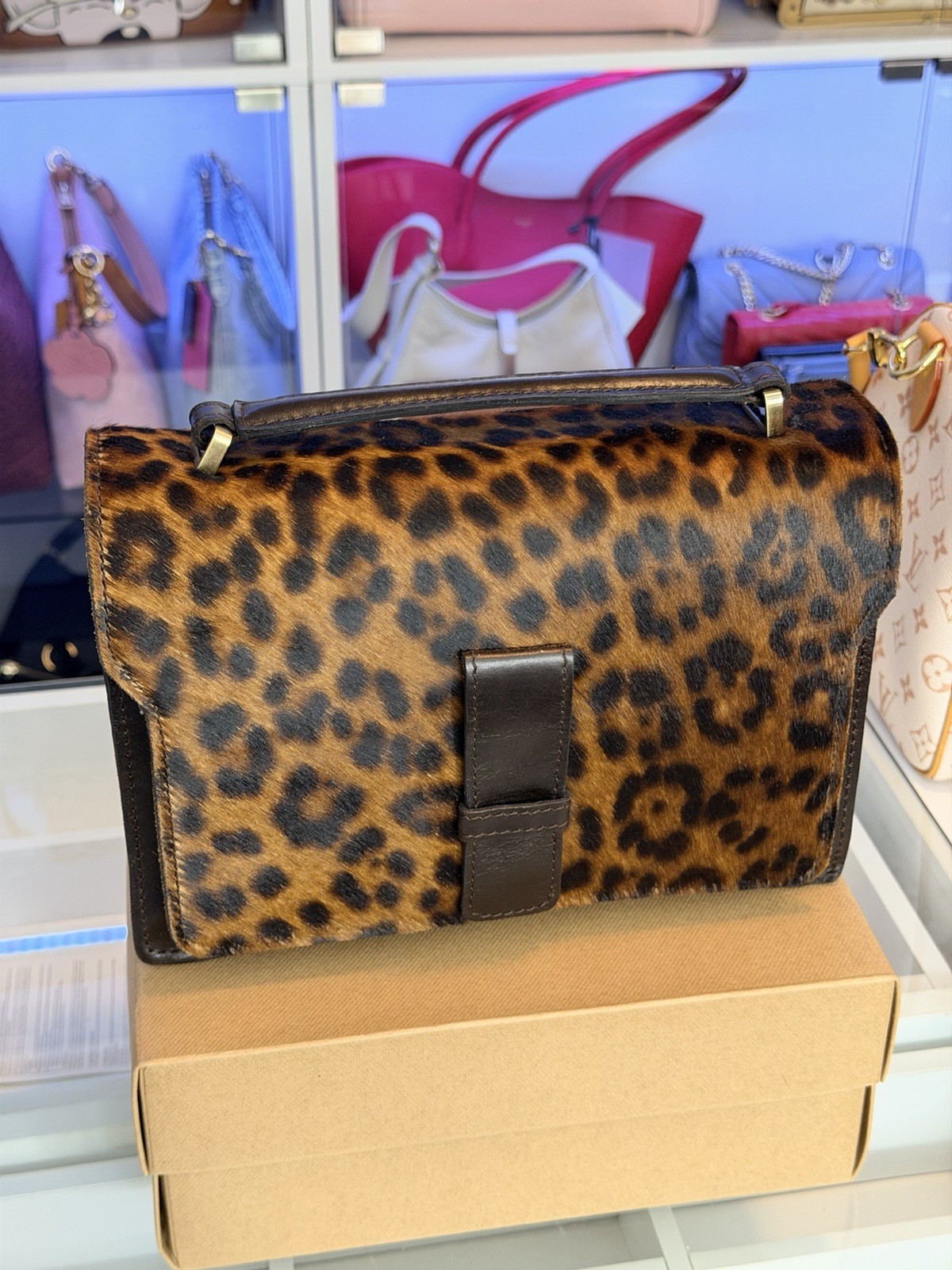 Patricia Nash Leopard Print Calf Hair Crossbody Bag Brown/Black Magnetic Zip