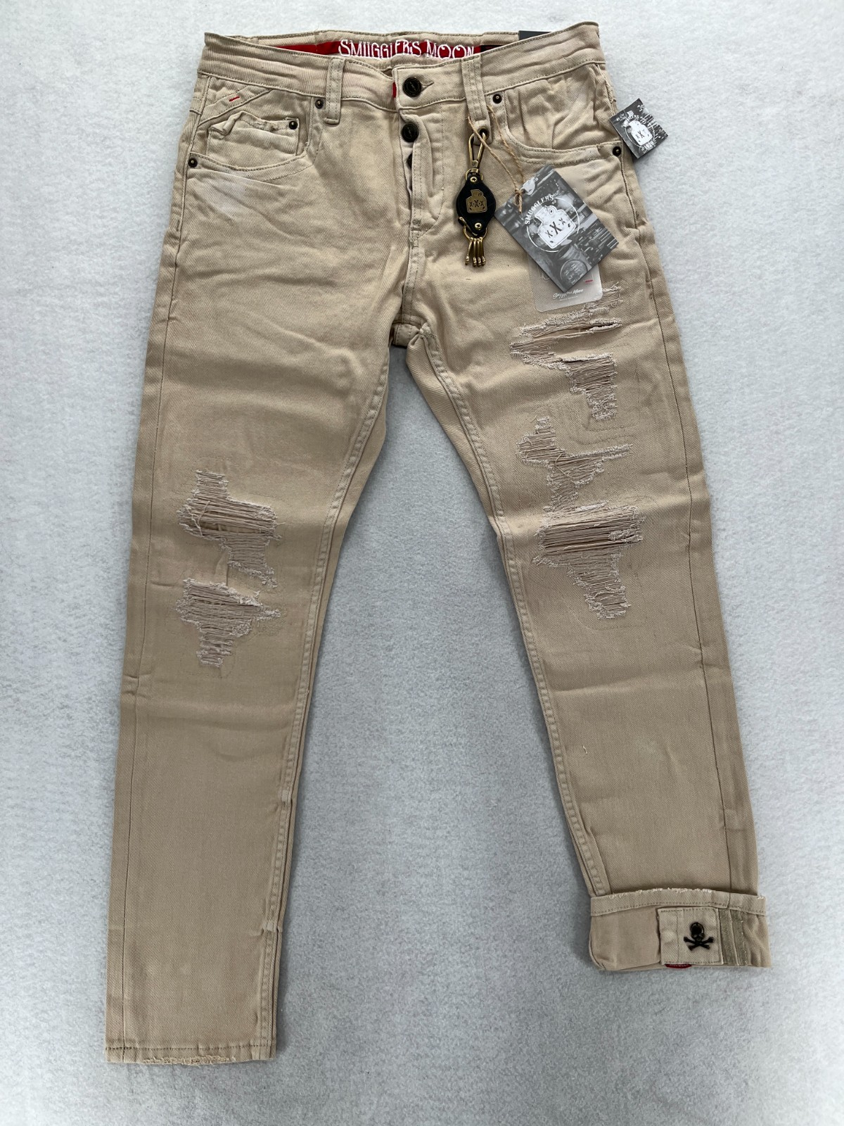 Smugglers Moon Jeans Mens 34×32 Khaki Beige Denim Button Fly Roll Up Distressed