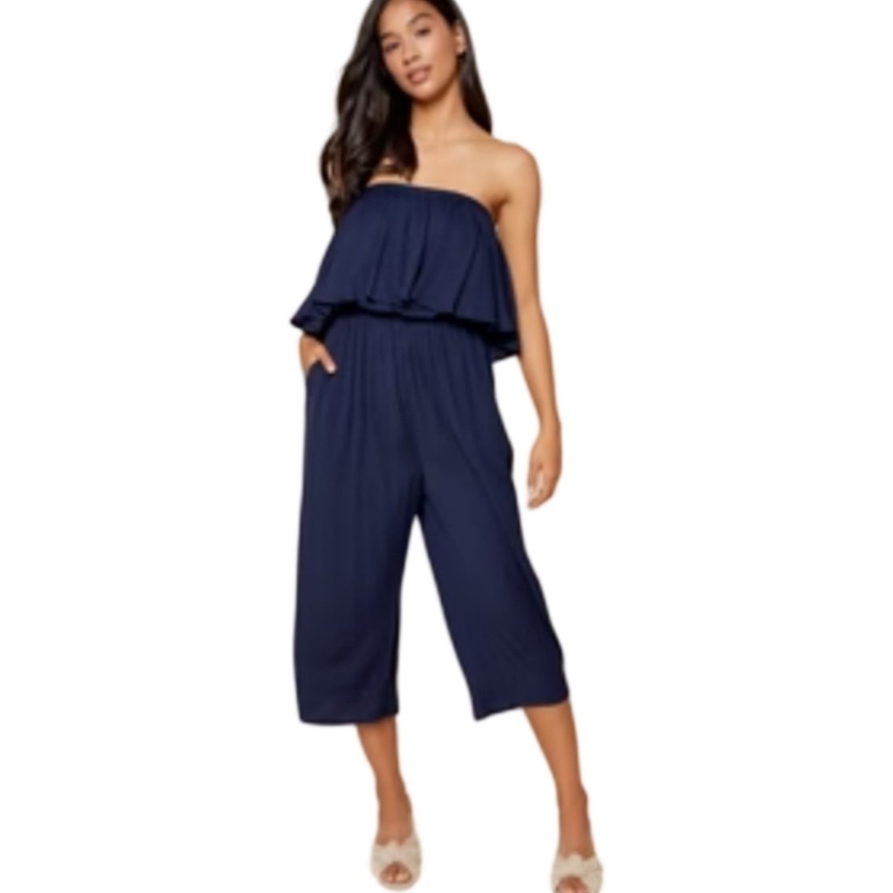 SUGARLIPS LANAH STRAPLESS WIDE LEG JUMPSUIT NAVY BLUE MEDIUM NWT