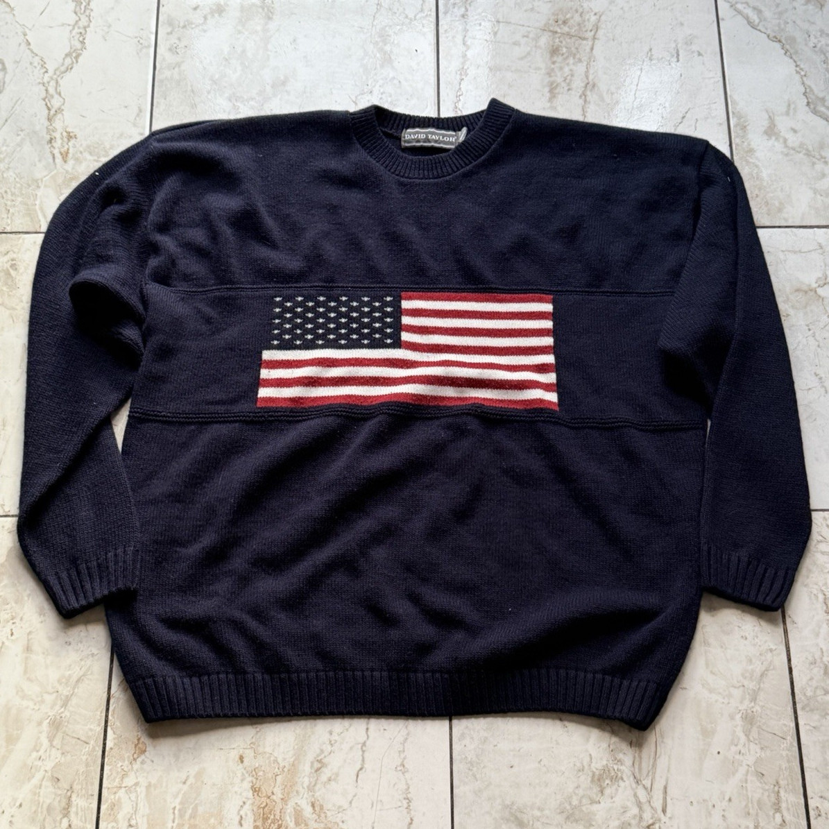 David Taylor 2XL Navy Knit Crewneck Pullover Sweater USA Flag Logo Long Sleeve