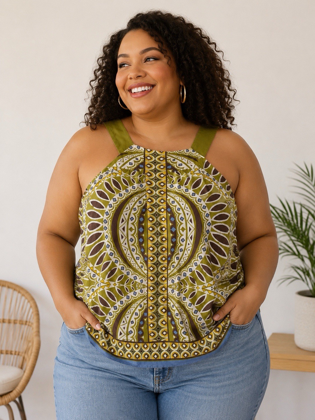 Banana Republic Olive Green Aztec Patterned Tank 100% Silk Size XL