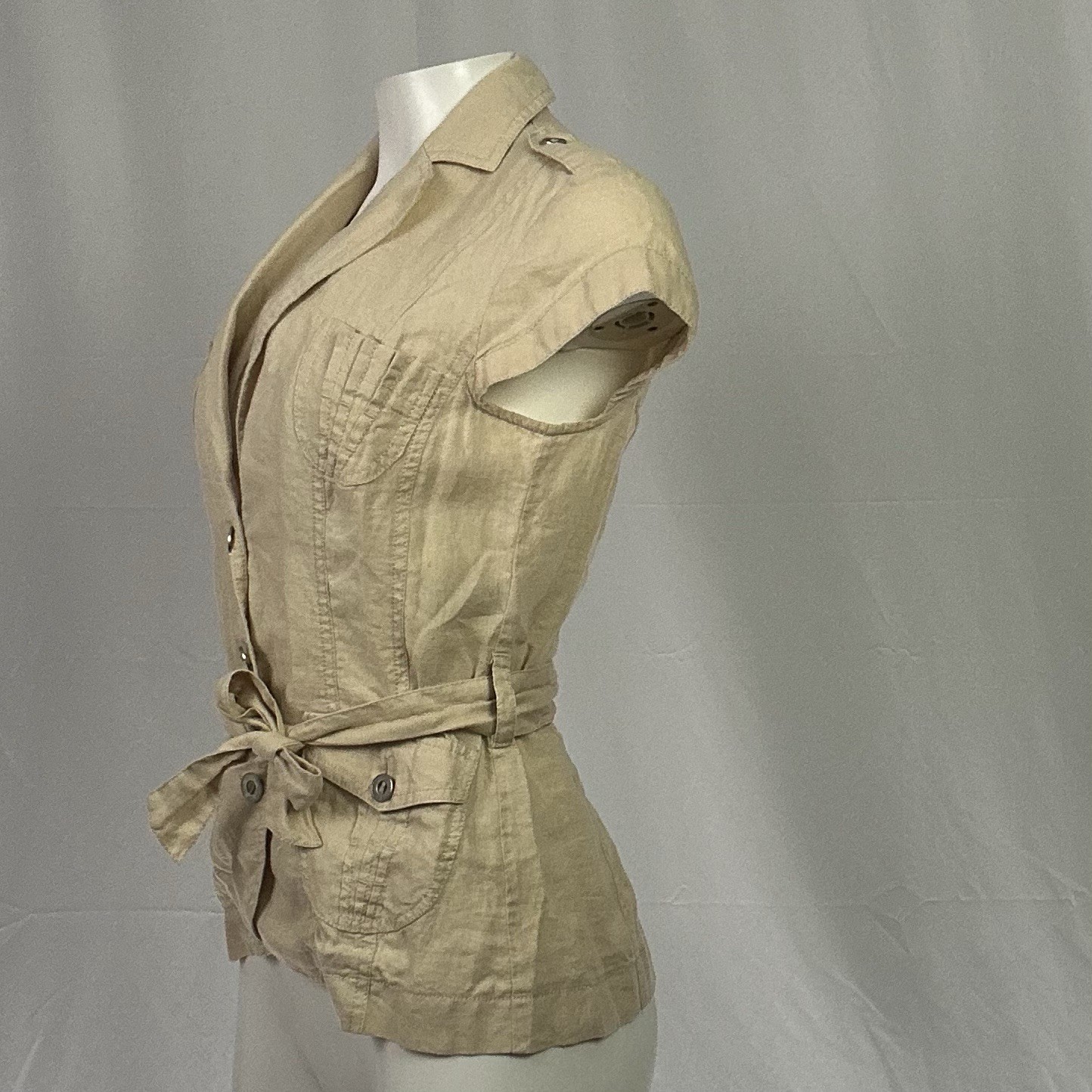 Apanage Vintage Y2K Jacket Top Safari 100% Linen Belted Khaki Short Sleeve US 4