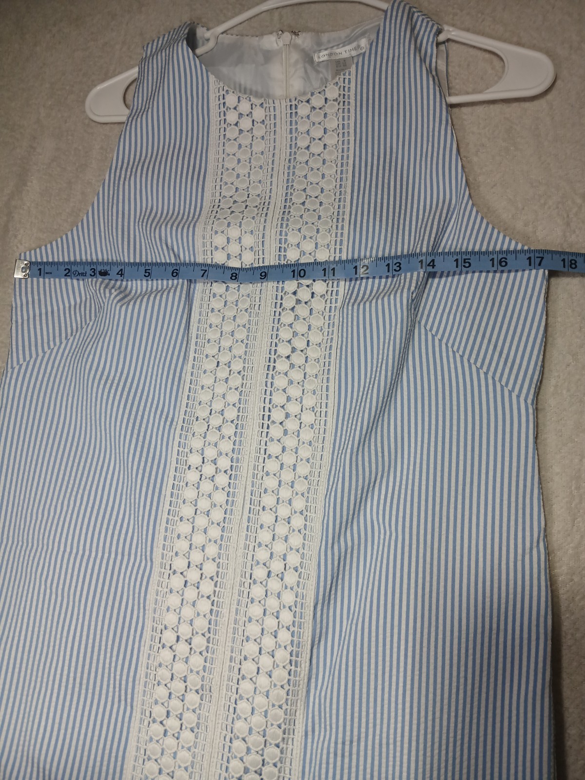 London Times Blue White Striped Lace Sleeveless Shift Dress, Size 8