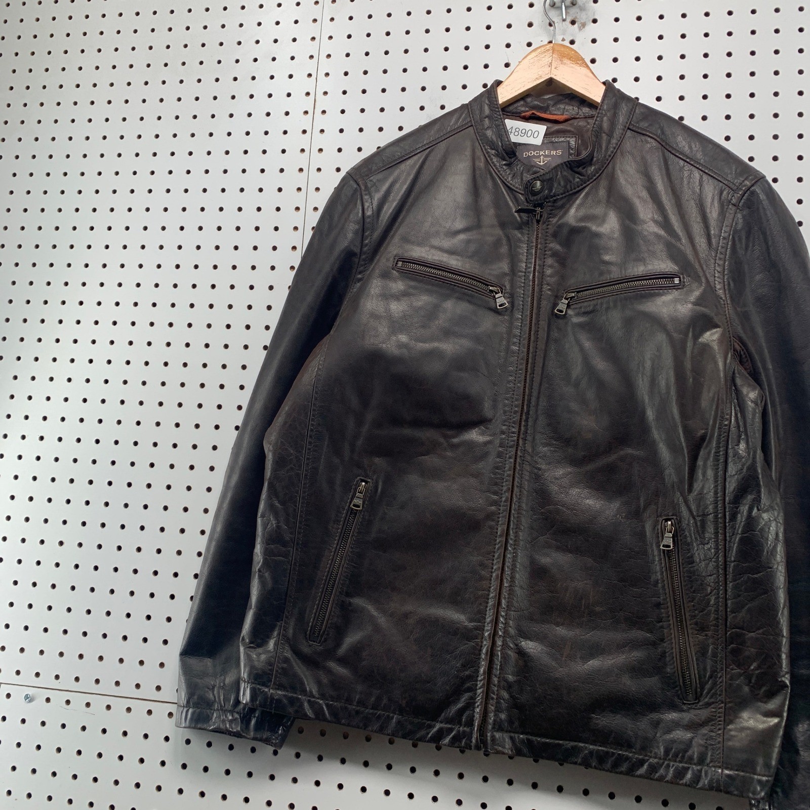 Dockers Leather Cafe Racer Jacket Mens XL Espresso Brown Moto Quilted Lining
