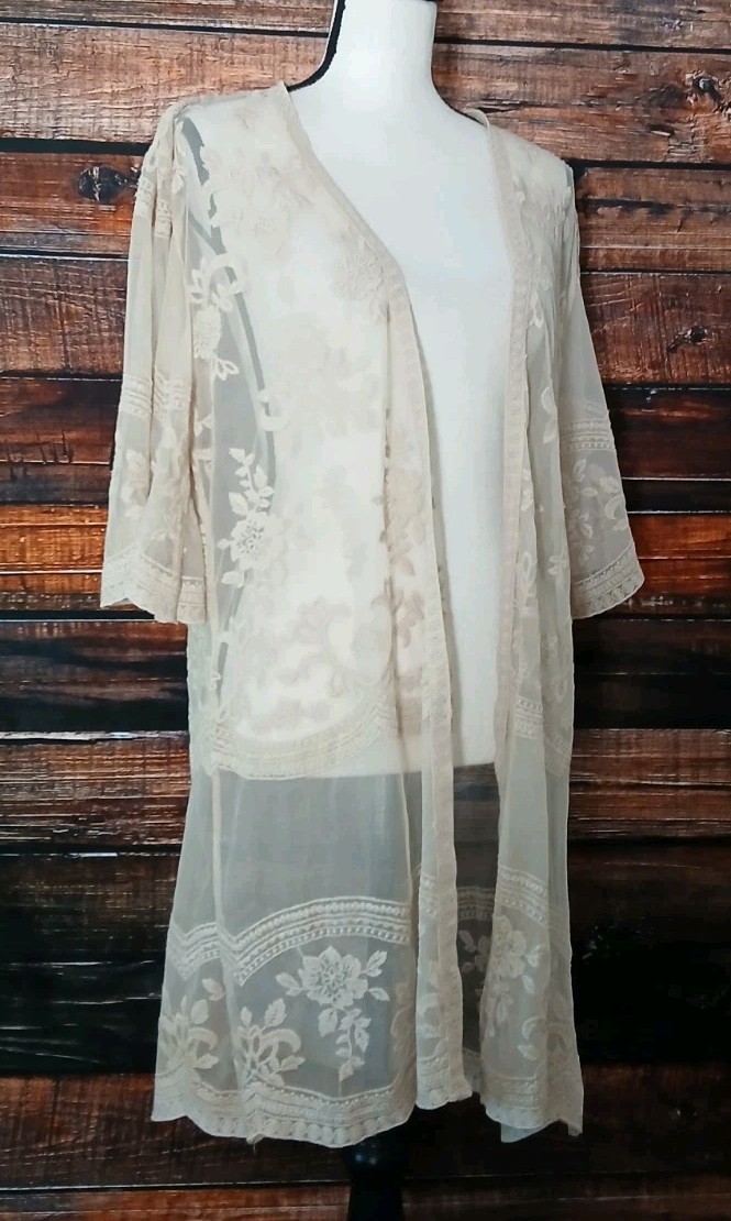 Miss Chievous S M Sheer Embroidered Lace Mesh Kimono Cardigan Top Doeskin NWT