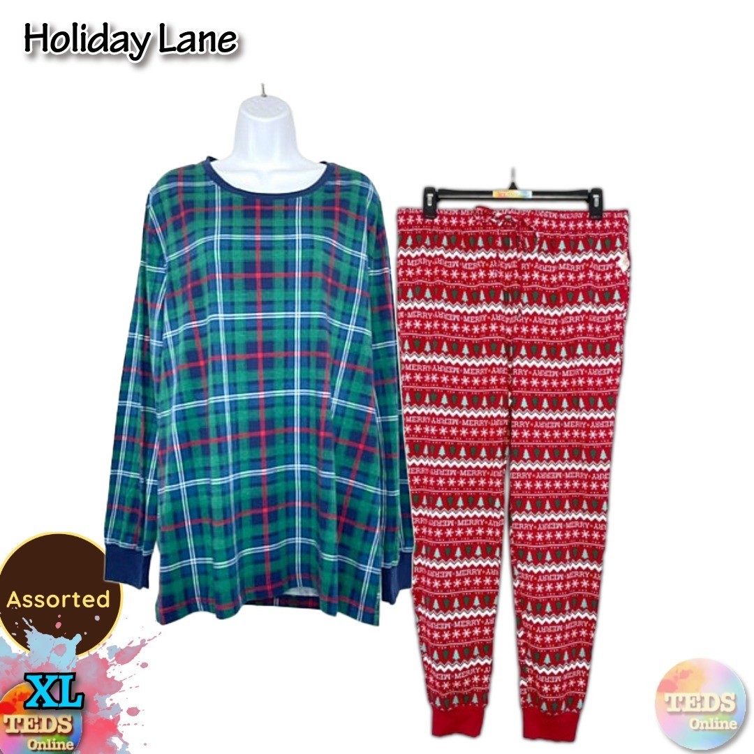 NWT Holiday Lane Men’s XL Cotton Long Sleeve Plaid & Merry Pajama Set Assorted