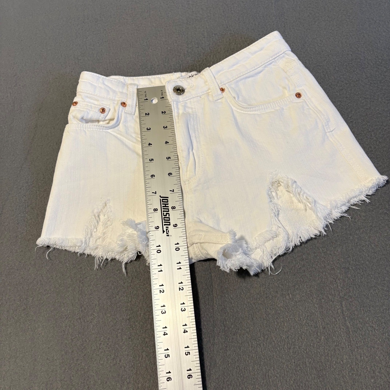 Bershka Denim Shorts Womens 00 White Distressed Frayed Raw Hem Medium Rise