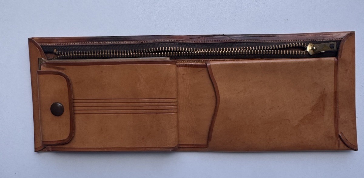 Brown Tooled Folding Wallet with Zip Compartment Snap & Slots