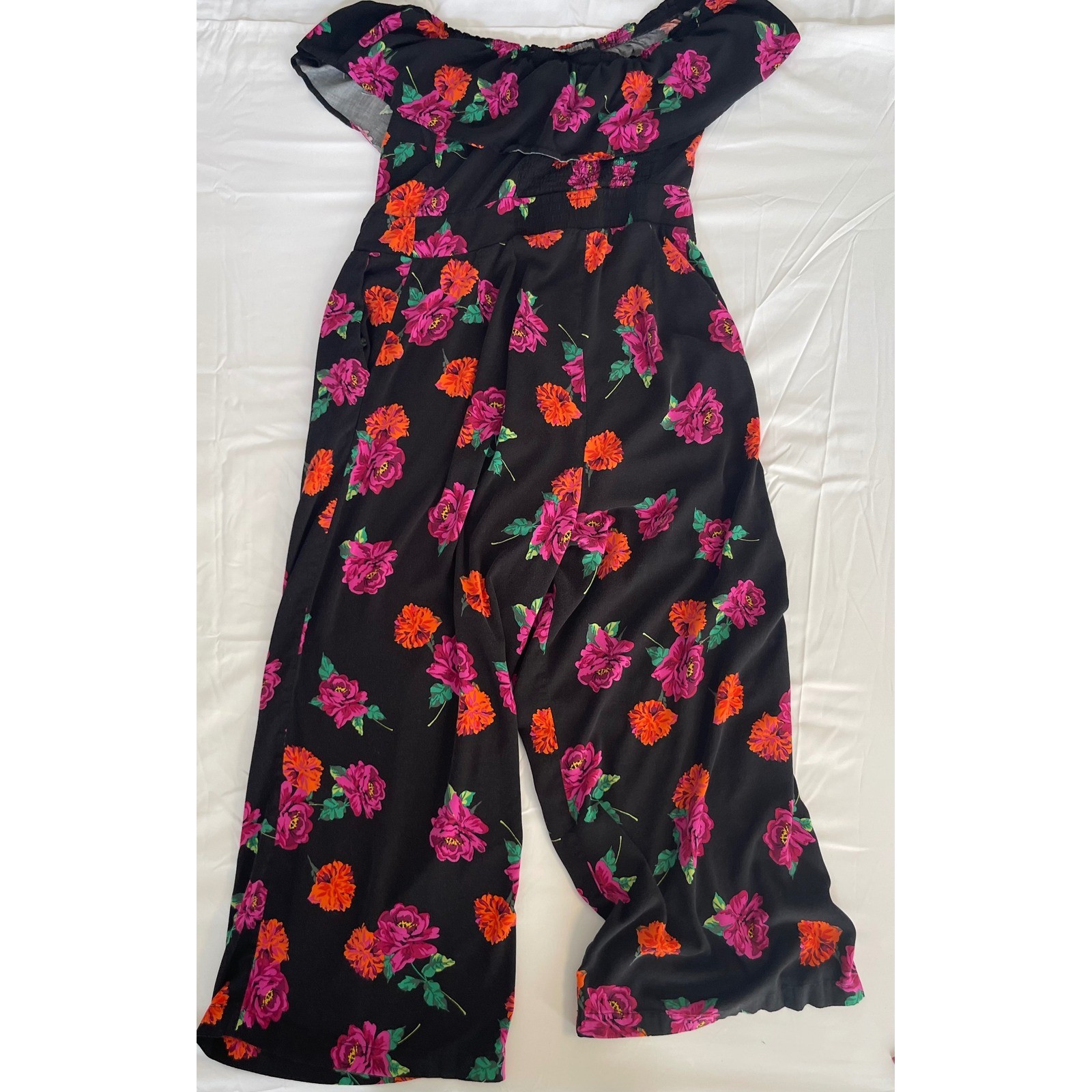 Torrid Floral Off Shoulder Wide Leg Jumpsuit Black Pink Orange Size 0 L 12