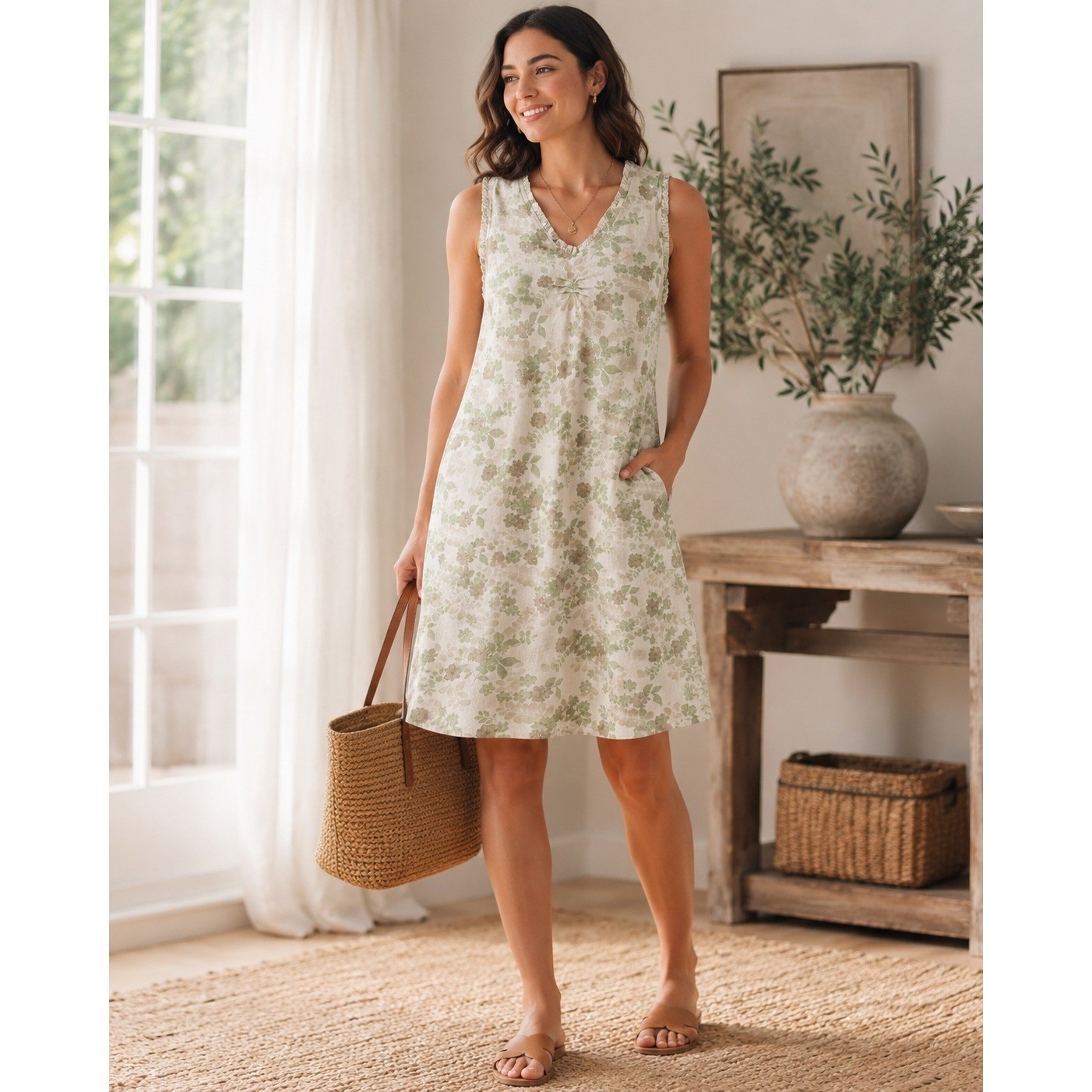 Kathy Ireland Linen Blend Floral Dress Womens Small Green Sleeveless
