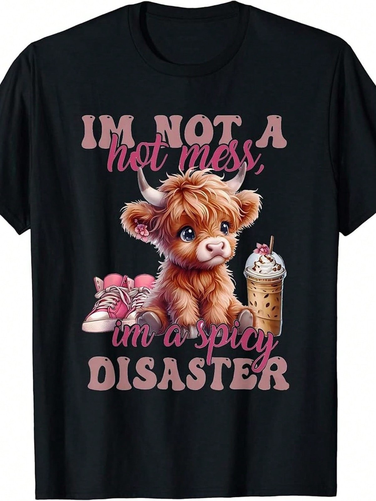 Women’s ‘I’m Not A Mess’ T-Shirt Cute Pink Highland Cow T-Shirt Round Neck