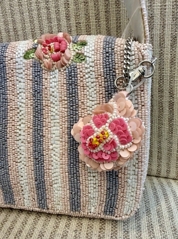 Handcrafted In India Pink Flower Rose Beaded Bag With Charm Viral NWT