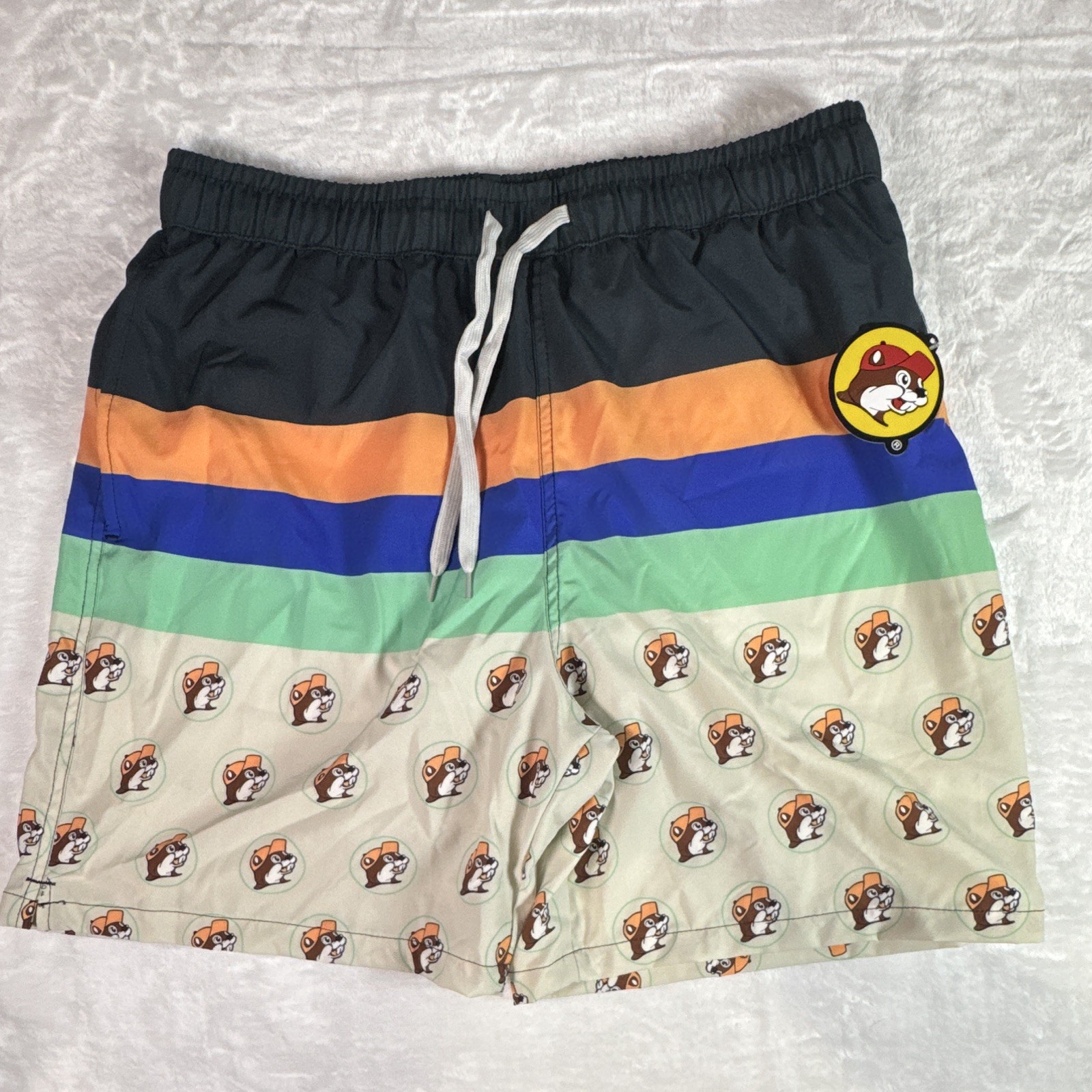 Buc-ee’s Men’s Large Swim Trunks Beaver Logo Print Beach Board Shorts Drawstring