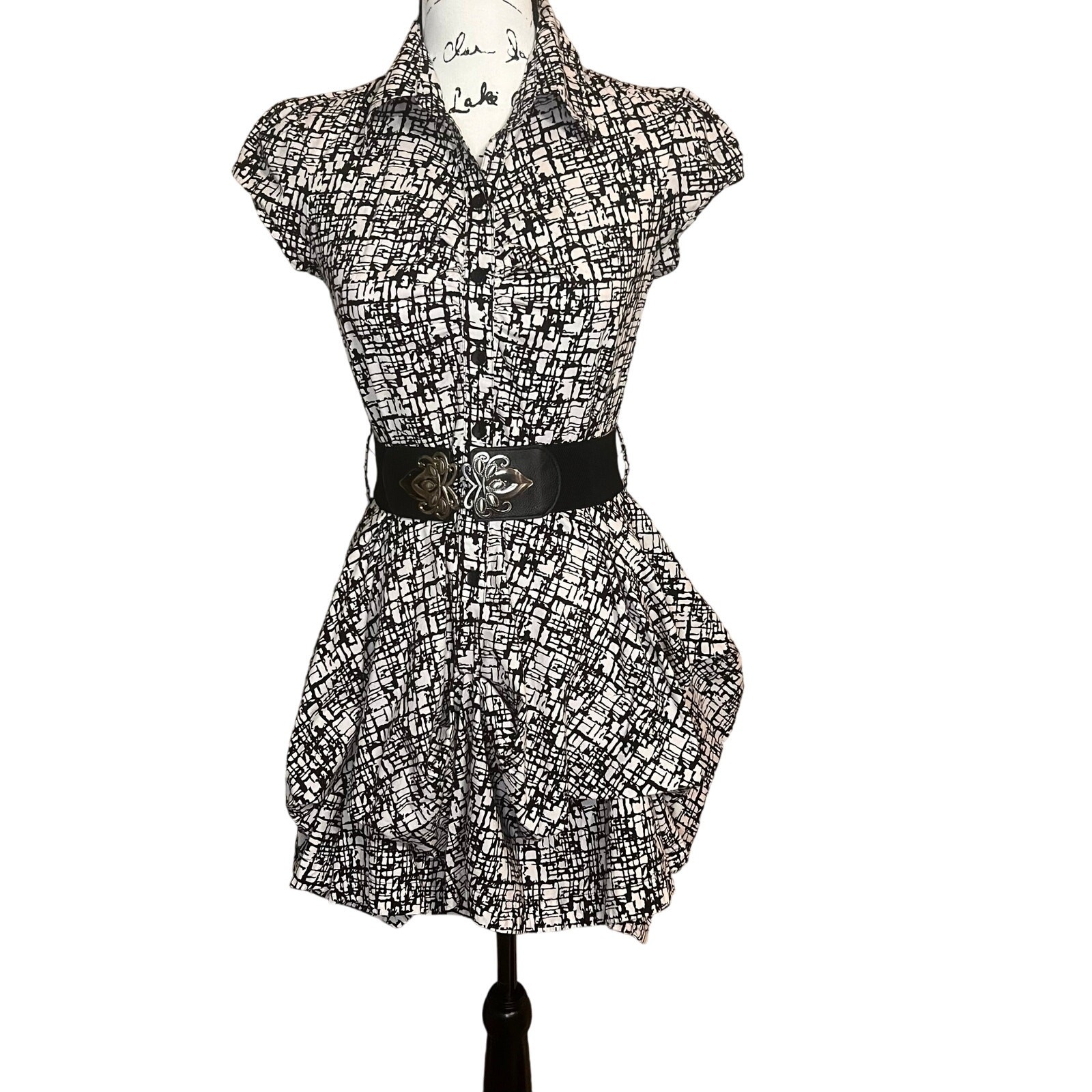 BCX Black White Abstract Print Ruffled Skirt Short Dress Women’s Medium