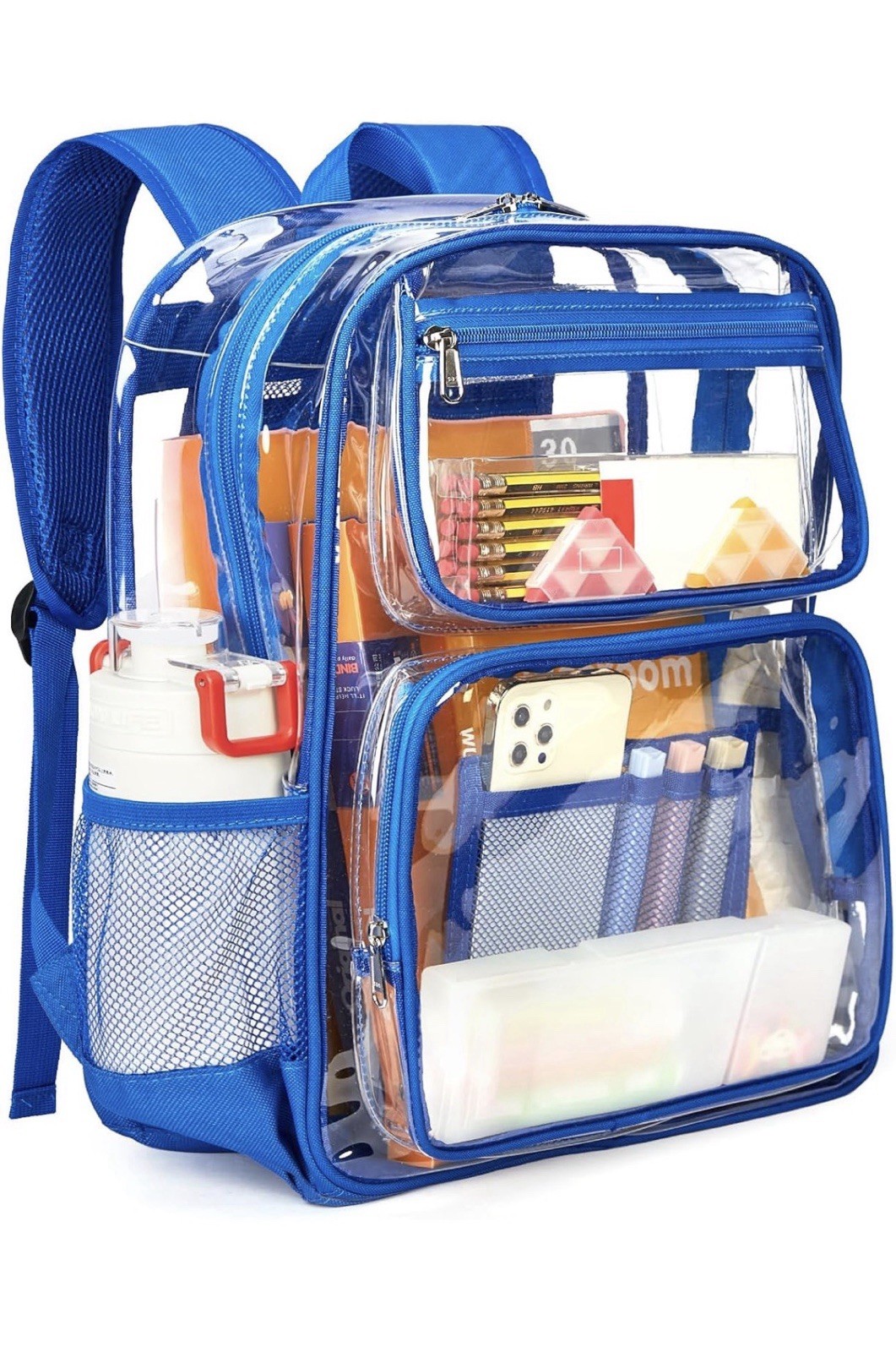 Clear PVC Blue Unisex Kids Backpack, Multiple Zip Pockets, Mesh Pocket