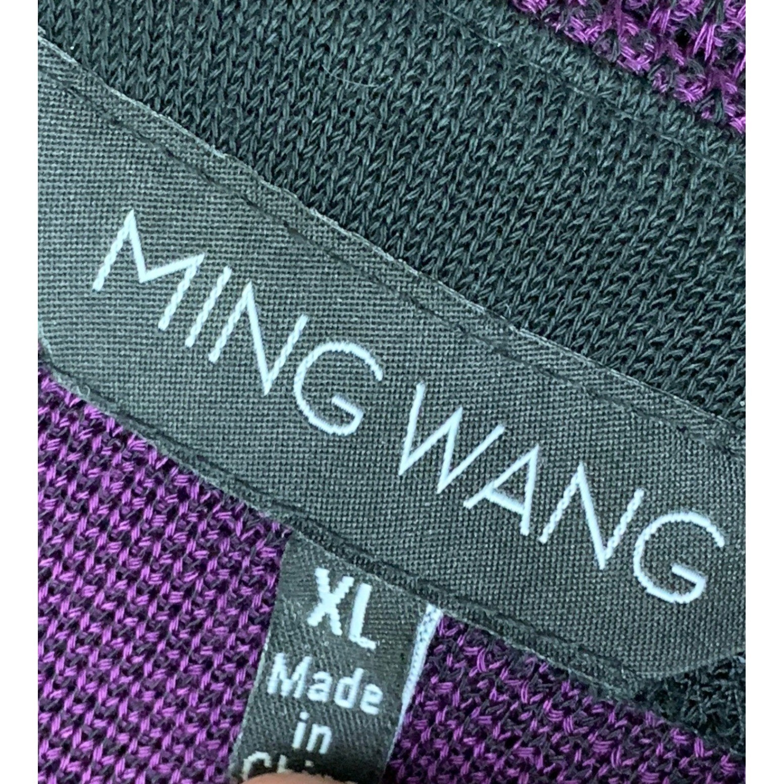 Ming Wang Purple Black Buffalo Check Knit Cardigan Jacket Fringe Trim XL