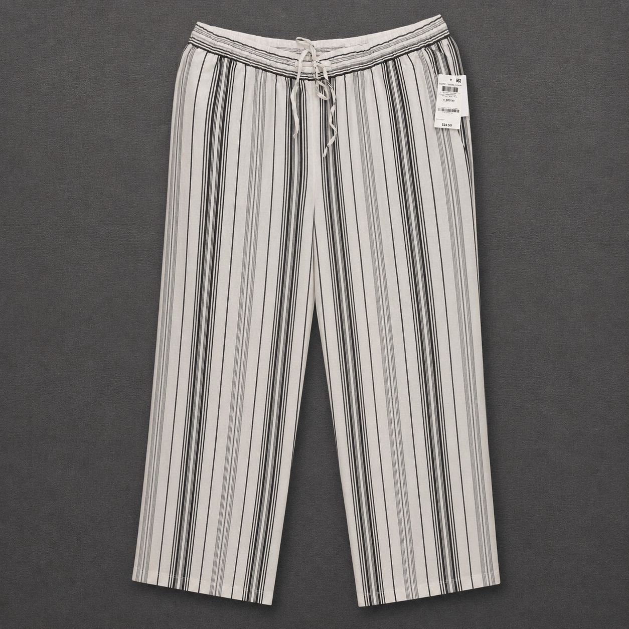 CHARTER CLUB Women’s Cropped Pull-On Pant Vertical Stripe Black White L MSRP $59