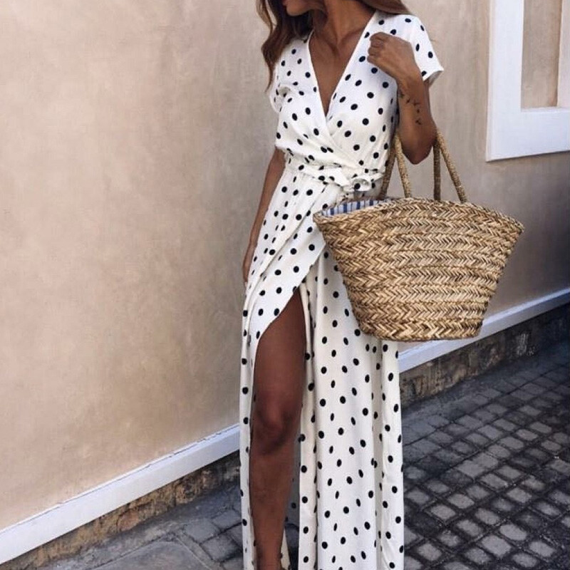Women Maxi Sundress Loose Pullover Polka Dot Slit Paisley Ladies Long Dress Sexy