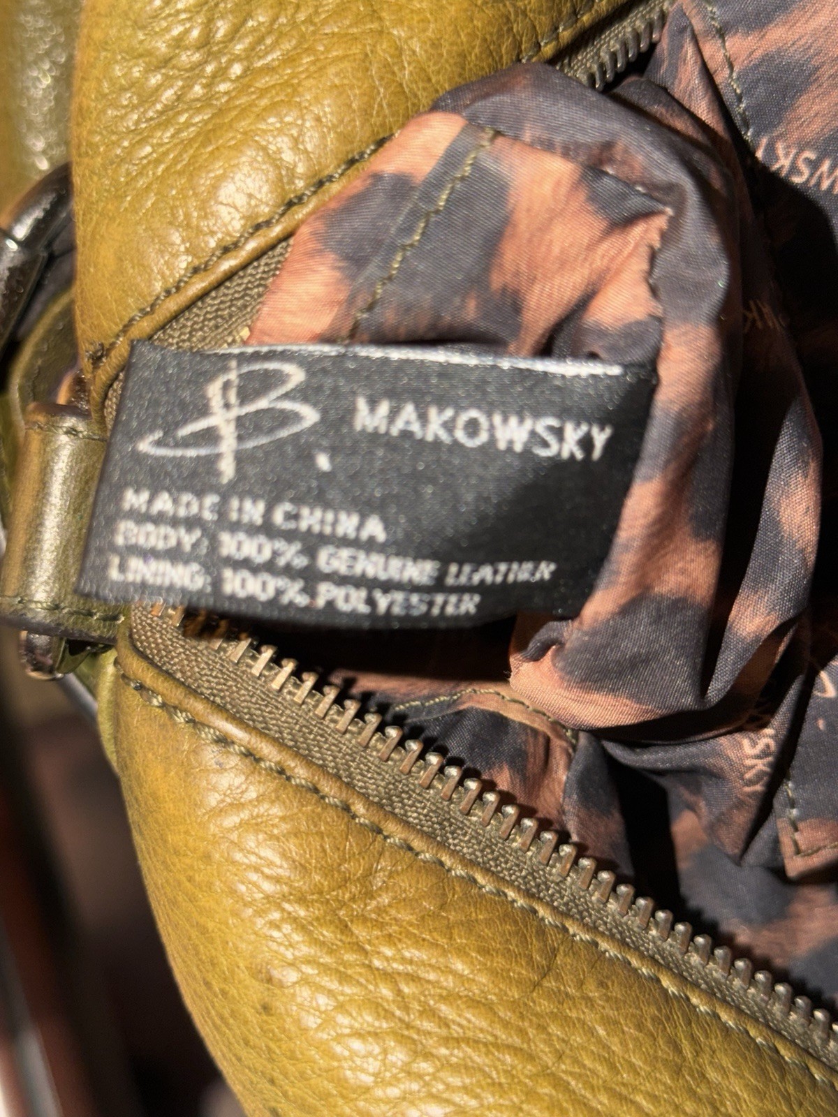 B. Makowsky Olive Green Pebbled Satchel Top Handle Zip Silver Detach Strap