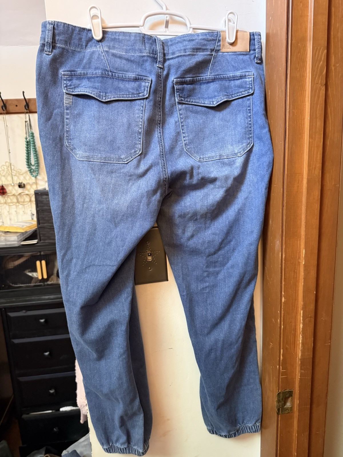 Paige Women’s Mayslie Blue Denim Jogger Jeans Cargo Pocket Stretch Sz 31