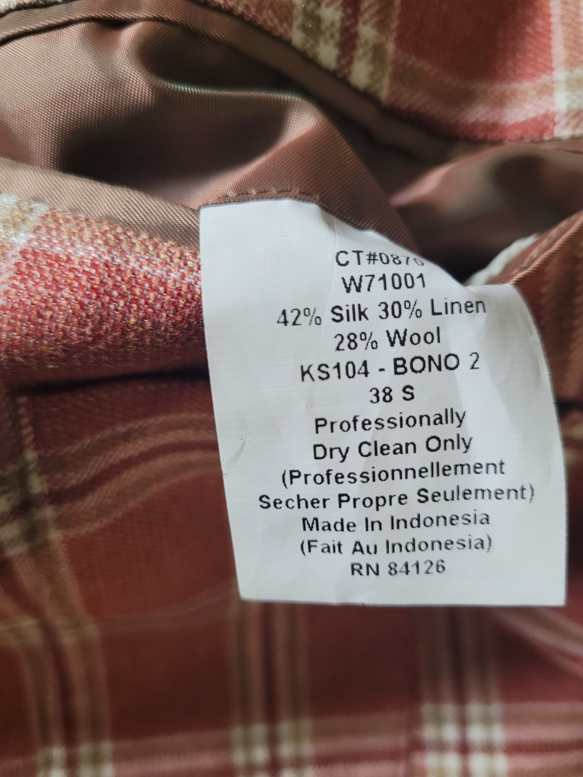Kroons 38S Plaid Tweed Silk Linen Wool 2-Button Sport Coat Pink White