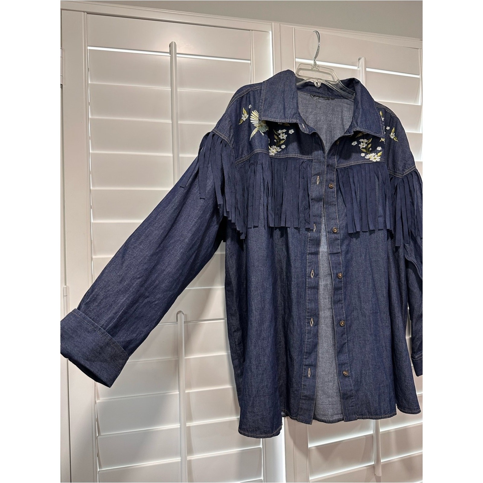 Embroidered Denim Fringe Button Up Shirt Cotton Floral Bird Western Boho Ranch