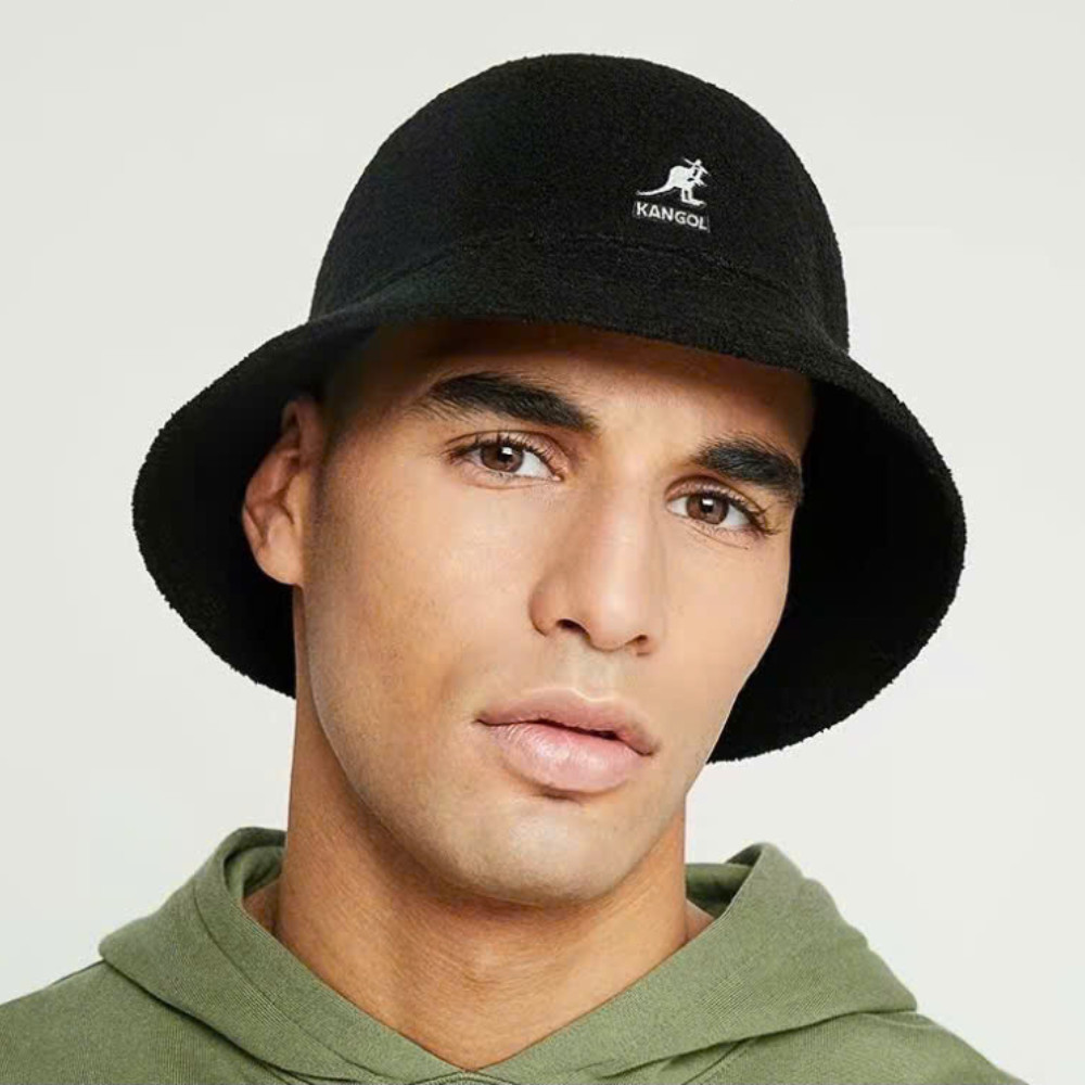 Kangol Washed Cotton Bucket Hat Flat Top Fisherman Cap Black Sizes M, L, XL