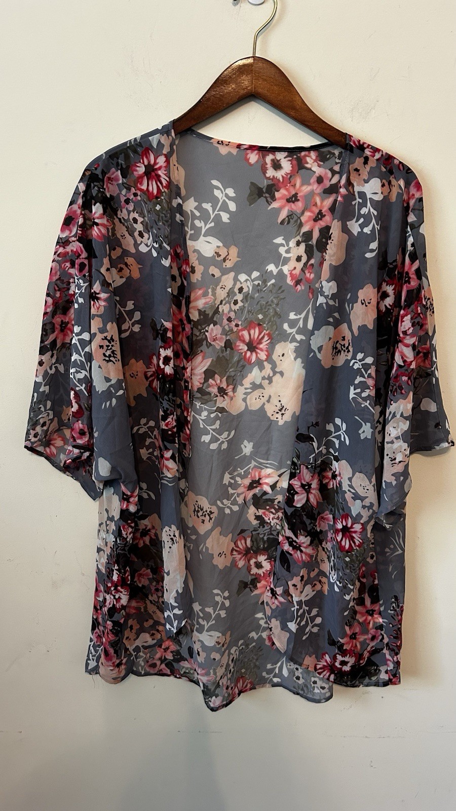 Floral Chiffon Kimono Cardigan Open Front Sheer Gray XL Layering Cover Up Boho